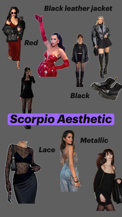 Scorpio: As a mysterious and intense sign, Scorpio loves fashion that is dark and edgy. Think leather, lace, and anything that makes you feel powerful and confident. Scorpio Lilith Style, Dress Like A Scorpio, Scorpio Moon Aesthetic Outfit, Scorpio Fashion Outfits, Lilith In Scorpio Outfits, Scorpio In Venus Style, Scorpio Venus Style Outfits, Scorpio Rising Fashion, Scorpio Fashion Aesthetic