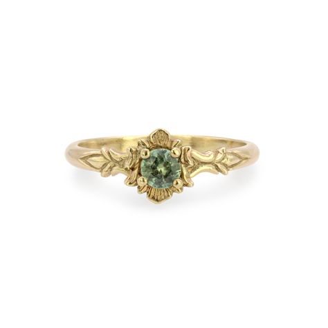 Gold & Stone Ring - This gorgeous ring is hand-carved in wax then cast in upcycled 14k gold; a 4mm Montana green sapphire brings magic and sparkle. Available in half sizes 59. Colorful Gemstone Engagement Rings, Wedding Ring Stone Shapes, Art Deco Square Engagement Ring, Vintage Engagement And Wedding Ring Set, June Birthstone Wedding Ring, Unique Crystal Rings, Cute Unique Jewelry, Jade Engagement Ring Gold, Alternative Gold Engagement Rings