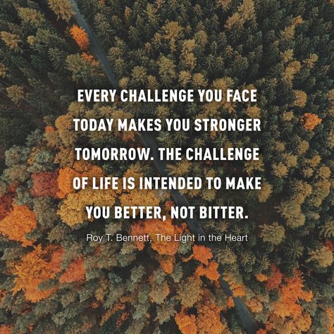 Every challenge you face today makes you stronger tomorrow. The challenge of life is intended to make you better, not bitter. Roy T. Bennett, The Light in the Heart Makes You Stronger Quotes, Stronger Quotes, Better Not Bitter, Challenge Quotes, Inspirational Quotes For Students, Happy Morning Quotes, Overcoming Adversity, Morning Greetings Quotes, Perfection Quotes