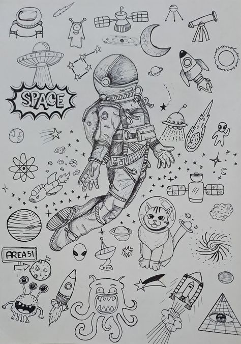 #astronaut#pencilsketch #cat#space#art#b&w#alien#skecth#creative Sketchbook Ideas Space, Drawing Ideas Space Theme, Space Theme Doodles, Space Themed Sketches, Things To Draw To Fill Space, Space Sketches Simple, Drawing Planets Space, Scetches Drawing, Space Planets Drawing