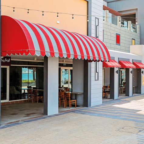 Outdoor Canopies are the most common type of canopies in Dubai. These can be used for big events or backyard fun; top covers let some light shine through but cut out harmful UV rays. For the perfect outdoor shade, best quality, and strong resistance against harsh UV and sun rays choose Royal Blinds LLC in UAE. Bakery Branding Design, Snack Display, Awning Shade, Vegetable Shop, Coffee Shop Interior Design, Fabric Canopy, Coffee Shops Interior, Shade Canopy, Canopy Design