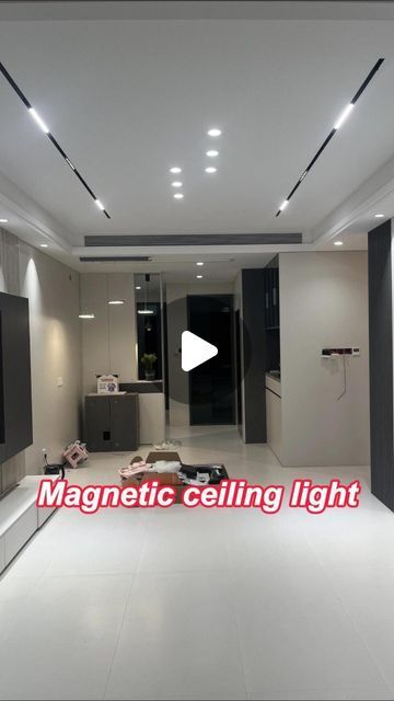 Bedroom Ceiling Light Ideas Interior Design, 2024 Ceiling Design, Magnetic Lights Ceiling Living Room, Forsling Design For Hall, Hall Profile Light Ceiling, Magnetic Lights Ceiling, Profile Led Light In Ceiling, Ceiling Hall Design, Pot Lights In Living Room