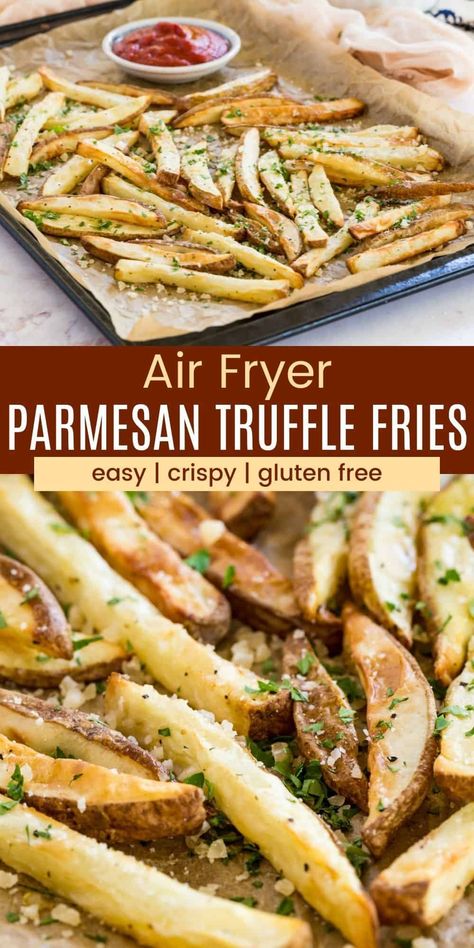 Air Fryer Truffle Fries, Parmesan Truffle Fries Air Fryer, Truffle Fries Recipe, Air Fryer Fries, Fries At Home, Parmesan Truffle Fries, Steak Dinner Sides, Parmesan Fries, Black Truffles