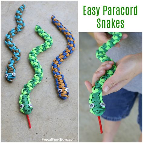 Here’s a fun paracord project for kids – make paracord snakes!  This would be a great craft project for a summer camp or nature club.  Or make them on a rainy day!  The completed snakes are fun to play with. This is an easy project for beginners.  It may take a little while to learn … Crafts For 8-10 Years Old, Crafts For Boys 11-13, Crafts For Boys 6-8, Crafts For Boys 8-10, Craft Snake, Snake Crafts, Nature Club, Paracord Projects Diy, Paracord Diy