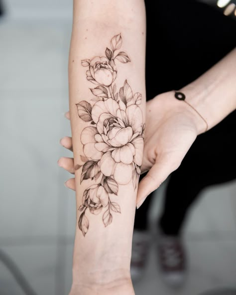 Flower Fine Line Tattoo Arm, Fine Line Floral Tattoo Arm, Peony And Cherry Blossom Tattoo, Floral Tattoo Fine Line, Soft Floral Tattoo, Women Art Tattoo, Fine Line Flower Tattoo Sleeve, Soft Flower Tattoo, Flower Cluster Tattoo