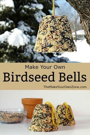 Homemade birdseed bells - A fun way to feed the birds! Make your own birdseed ornaments in a traditional bell shape  with this easy method Bird Seed Crafts, Carillons Diy, Bird Suet, Suet Cakes, Bird Seed Ornaments, Bird Feeder Craft, Bird Seed Feeders, Homemade Bird Feeders, Bird Treats