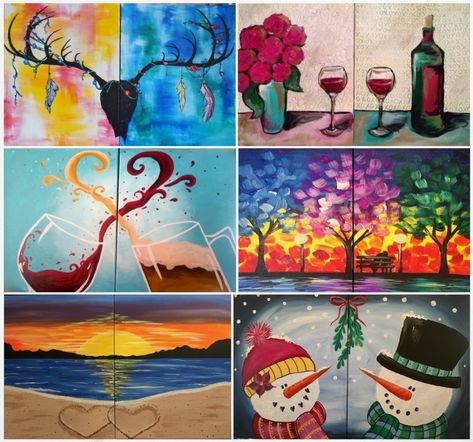 Painting & Drinking Date-Night - Pinot's Palette Date Night Painting Ideas, Night Painting Ideas, Ladies Night Party Themes, Date Night Painting, Painting Date Night, Painting And Wine, Game Painting, Painting Date, Couples Canvas Painting