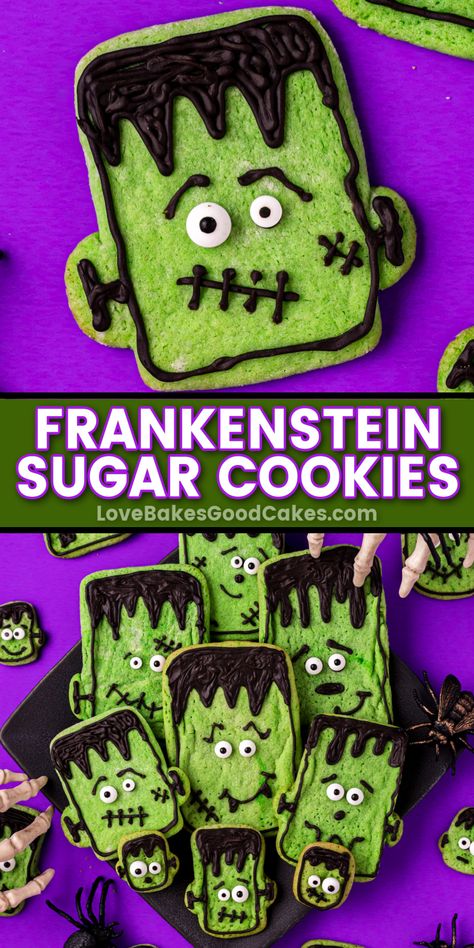 Frankenstein Sugar Cookies pin collage Frankenstein Cookies, Homemade Sugar Cookie Dough, Frankenstein Cookie, Green Icing, Holiday Cookie Exchange, Amazing Desserts, Holiday Favorite Recipes, Spooktacular Halloween, Treats Recipes