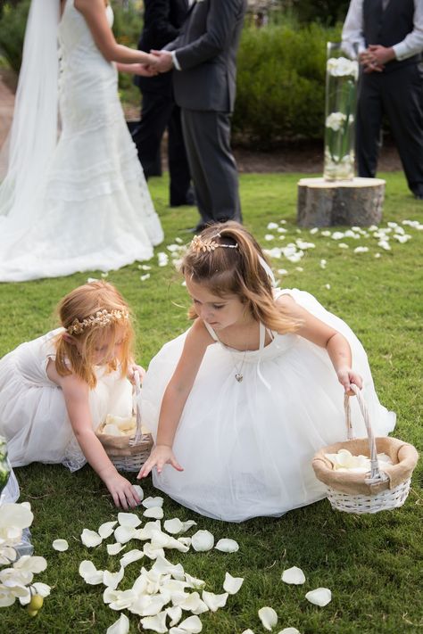 Flower girls with gold crowns |garden wedding | white rose petals Country Wedding Flower Girl, Wedding Flowers White Roses, White Rose Petals, Flower Petals Wedding, Gold Crowns, Flower Girl Petals, White Rose Flower, Blush Wedding Flowers, Elegant Country