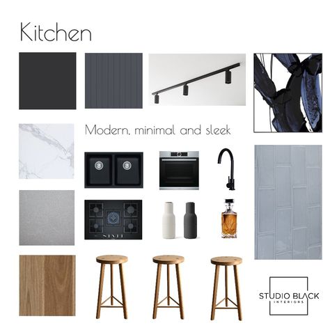 Kitchen Moodboard Interior Design Modern, Kitchen Mood Board Modern, Kitchen Concept Board, Modern Kitchen Mood Board, Kitchen Cooking Island, Mood Board Kitchen, Sleek Interior Design, Style Sourcebook, Modern Classic Kitchen