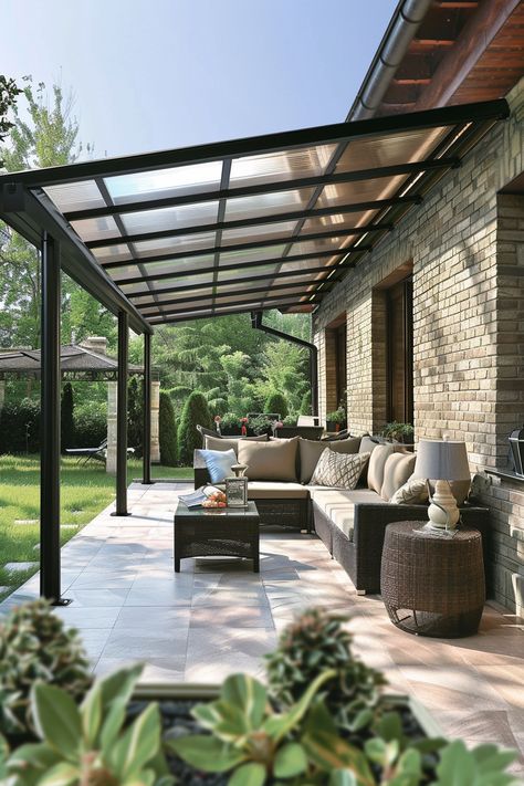 Find stylish solutions for outdoor protection with these 40 patio cover ideas, shielding from rain and sun. Whether you prefer modern awnings or traditional pergolas, discover options that enhance your patio's functionality and design. Say goodbye to weather concerns and hello to stylish outdoor living! #PatioCoverIdeas #OutdoorProtection #StylishSolutions Outdoor Side Patio Ideas, Pergola And Pool Patio Ideas, Side Yard Covered Patio, Exterior Covered Patio, Outdoor Patio Pergola Ideas, Rainproof Patio Outdoor Spaces, Porch Covers Ideas, L Shaped Patio Cover, Covered Backyard Patio Designs