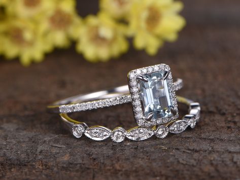 1 Carat Emerald Cut Aquamarine Wedding Ring Set Diamond Matching Band 14k White Gold Art Deco Milgrain Bridal - BBBGEM Aquamarine Wedding Ring, Aquamarine Wedding, Rose Gold Ring Set, March Birthstone Ring, Promise Ring Gift, Engagement Sets, Aquamarine Engagement Ring, Gold Art Deco, Gold Ring Sets