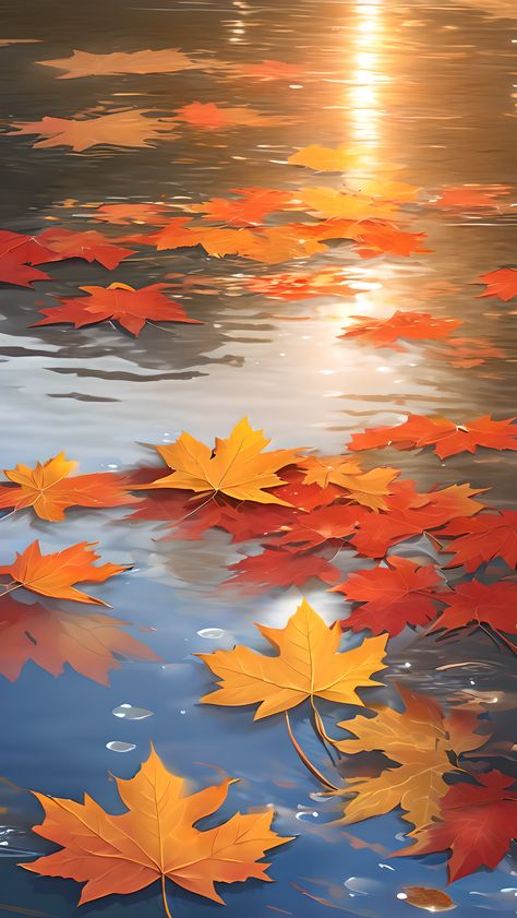 A cluster of maple leaves floating on the Surface of a lake. Maple Leaf Wallpaper Iphone, Bible Background, Thanksgiving Wallpapers, Leaves Wallpaper Iphone, Inspo Wallpaper, Holiday Inspo, Autumn Lake, Thanksgiving Wallpaper, Stunning Nature