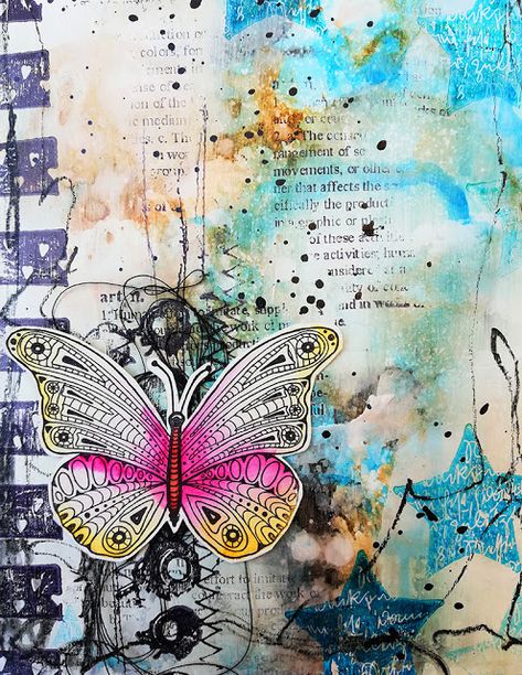 Susanne Rose Designs: Grungy Art Journal Page with Butterfly (Rubber Dance Stamps) Butterfly Art Journal, Art Journal Backgrounds, Art Journal Tutorial, Gelli Arts, Mixed Media Scrapbooking, Intuitive Art, Painting Media, Journal Page, Mixed Media Art Journaling