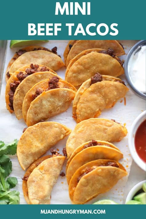 These baked mini tacos are quick, crispy delicious, and perfect for little hands. Add your family's favorite taco toppings for a meal that is fun to make and eat! Baked Mini Tacos, Fun Toddler Meals, Kid Meals For Picky Eaters, Mini Tacos Recipe, Kid Dinner Ideas, Eden Eats, Toddler Dinner Ideas, Taco Appetizers, Kid Dinner