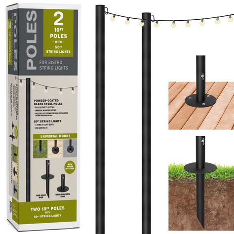 PRICES MAY VARY. HEAVY DUTY: The Excello Global Bistro String Light Poles are made from steel with a durable black powder-coat finish that adds a professional and elegant look to your outdoor space. PERFECT FOR ANY PATIO: Enhance the ambiance of your patio without ducking! Each pole extends to 10 feet tall and includes clips to keep your favorite string lights hanging securely above. INCLUDES: (2) Poles & 50 ft. of G40 lights. UNIVERSAL MOUNTING INCLUDED: Two types of bases are included for each String Light Poles, Thanksgiving Vibes, Outdoor String Lights Patio, Rococo Furniture, Porch Life, Led String Lights Outdoor, Led Curtain Lights, Patio String Lights, Lights Hanging