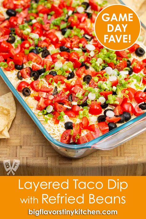 Taco Tray Dip, Layers Taco Dip, Taco Dip Recipe With Refried Beans, Layered Taco Dip With Refried Beans, Refried Bean Taco Dip, Easy Taco Dip With Refried Beans, Cold Taco Dip With Refried Beans, Seven Layer Taco Dip Refried Beans, Dips With Refried Beans