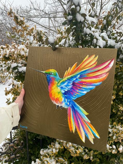 Hummingbird Painting on Canvas Colorful Hummingbird Wall Art Gold Bird Oil Painting Original Humming Bird Art Work Golden Bird Lover Gift - Etsy Bird Painting Ideas, Mates Decorados, Freedom Bird, Bird Oil Painting, Art Dragonfly, Colorful Hummingbird, Sunset Canvas Painting, Hummingbird Wall Art, Golden Bird