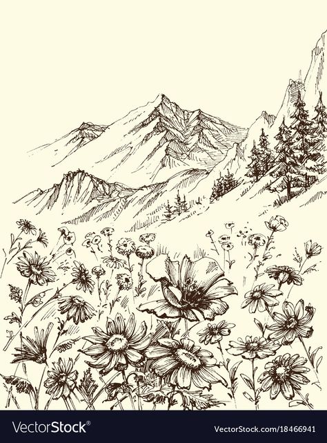 Border Sketch, Scenery Sketch, Mountain Landscape Drawing, Mountains Drawing, Pyrography Ideas, Mountain Sketch, Flowers Border, Landscape Pencil Drawings, Landscape Flowers