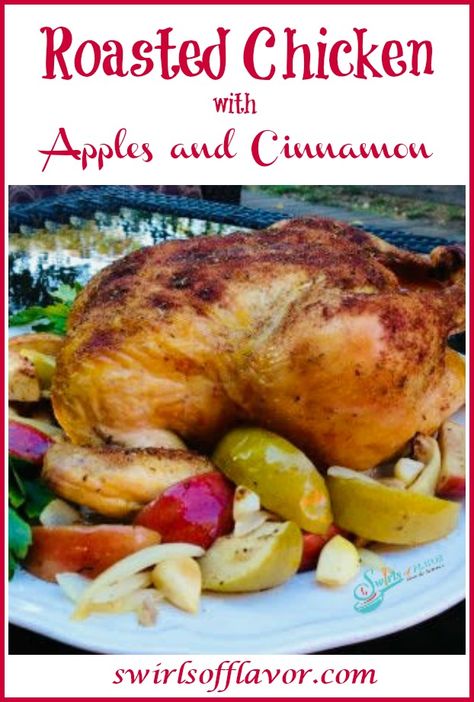 Roasted Chicken With Apples is an easy recipe bursting with the seasonal flavors of apples and the warm spices of autumn. Oven rasted chicken combines with apples, onions and cinnamon for a delicious dinner recipe. #swirlsofflavor #chicken #apples Whole Chicken In Oven, Chicken With Apples, Oven Roasted Whole Chicken, Whole Baked Chicken, Dutch Oven Chicken, Roasted Apples, Whole Chicken Recipes, Whole Roasted Chicken, Oven Roasted Chicken