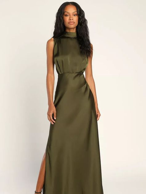 Olive Evening Dress, Mock Neck Maxi Dress, Fabric Detailing, Gathered Fabric, Sleeveless Mock Neck, Fall Wedding Guest Dress, Mock Neck Dress, Mob Dresses, Formal Dresses Gowns