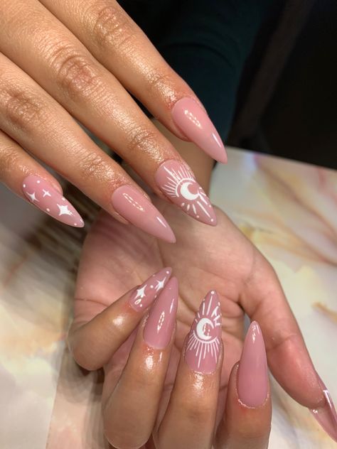 Almond Nails Space Theme, Nail Ideas Sun And Moon, Metaphysical Nail Designs, Lunar Nails Design, Chrome Celestial Nails, Celestial Nails Square, Star And Moon Nails Acrylic, Simple Celestial Nails, Celestial Acrylic Nails