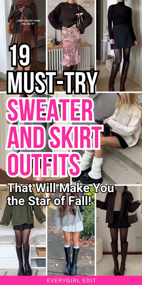 sweater and skirt outfit, sweater and skirt outfits. Fall Skirts And Sweaters, Knit Skirt Fall Outfit, Skirts Sweaters Outfit, Skirt Sweater Sneakers Outfit, Black Sweater With Skirt Outfit, Midi Skirts Fall, Styling Sweaters With Skirts, Comfy Skirt Outfits Casual, Sweatshirt And Tennis Skirt Outfit