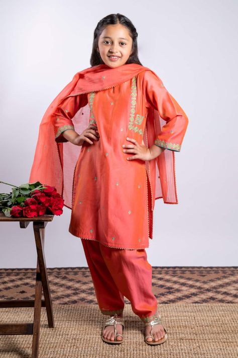 Buy Orange Chanderi Silk Embroidery Floral Kurta Set For Girls by Boteh Online at Aza Fashions. Children's Clothing Brand, Embroidery Floral, Children Clothing, Girl Online, Silk Embroidery, Kurta Set, Cut Work, Aza Fashion, Floral Embroidery