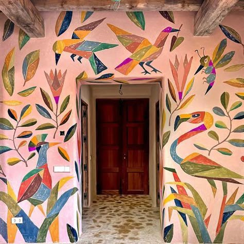 Abel Macias (@abelmac) • Instagram photos and videos Murals On Black Walls, New Mexico Interior Design, Mexican Mural Art, Mexican Murals, Abel Macias, Mexico Interior Design, Abstract Mural, Interior Murals, Garden Mural