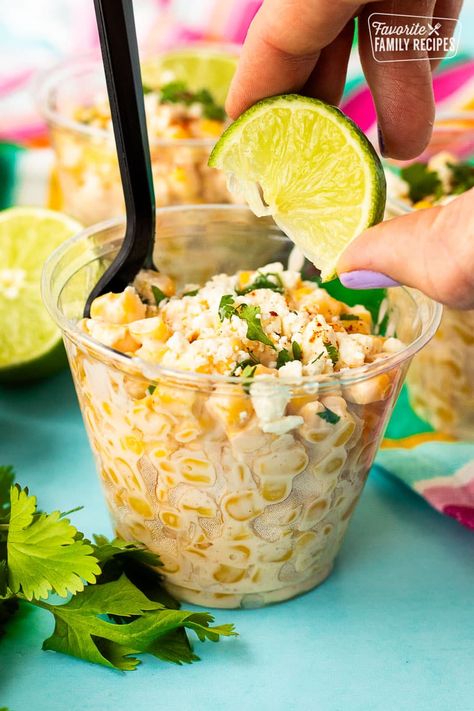 This elote in a cup is an explosion of all the classic Mexican street corn flavors but served in a cup for easier eating. Summer Backyard Party Food, Street Corn Cups, Corn Flavors, Esquites Recipe, Corn In A Cup, Elote Recipe, Recipe Mexican, Mexican Snacks, Cotija Cheese