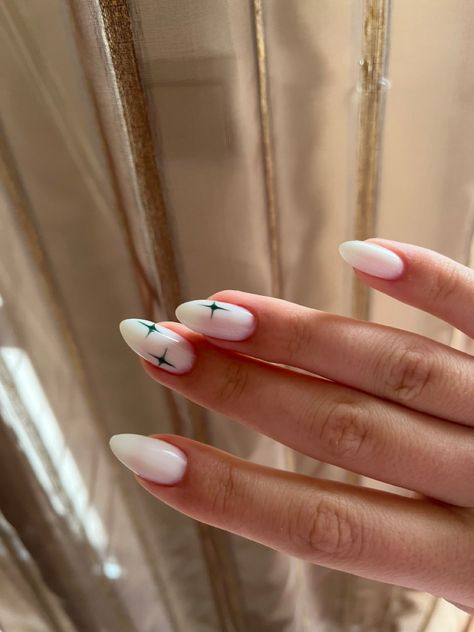 Minimalist Nails Almond Green, Gel X Nails White Design, Nails Inspiration Green And White, White French Tip With Star Design, White Stars On Nails, Minimalist Nails Stars, Nails With A Star Design, Yogi Nails, White With Stars Nails