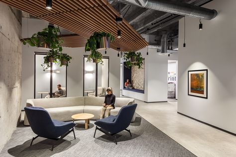 Confidential Financial Company Offices - San Diego Jungle Office, Work Lounge, Breakout Space, Ceiling Solutions, Tiered Seating, Armstrong Ceiling, Office Lounge, Biophilic Design, Modular Lounges