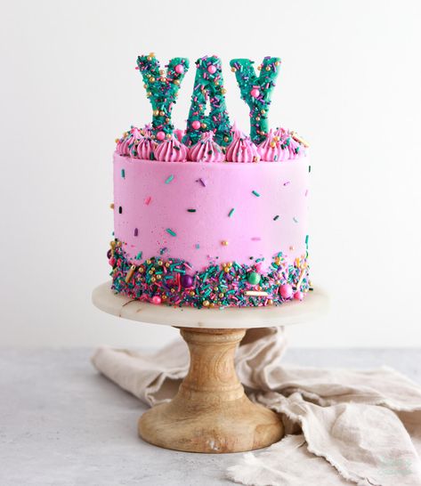 DIY Sprinkle Letter Cake Toppers - Sugar & Sparrow Costco Unicorn Cake, Simple Sprinkle Cake, Four Ever Sweet Birthday Party Cake, Smiley Face Sheet Cake, 2024 Cake Ideas, Cake Trends 2024 Birthday, Barbiecore Cake, Threenager Birthday Cake, Number 6 Birthday Cake