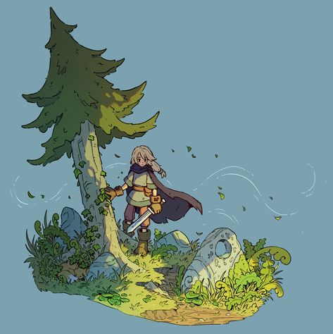 Cartoon Fantasy Landscape, Character Drawing With Background, Adventure Drawing Ideas, Character In Environment, Level Design 2d, Whimsical Illustration Art, Character In Background, How To Draw Forest, Dnd Art Landscape