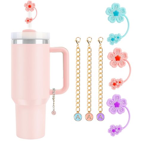 PRICES MAY VARY. [Fashion Accessories]: Stylish silicone straw covers with flower designs and personalized letter pendant chains. The straw toppers are made for Stanley 30/40 oz tumblers, adding both style and function to your cup. Personalize your glass with the unique letter pendant chains to prevent mix-ups. With a chain length of 5.1 inches, it easily hangs on the handle of Stanley glass tumblers. [Perfect Compatibility]: Our straw cap fits 0.4 inches/10mm diameter straws, including those fo Straw Dispenser, Summer Wishlist, Straw Covers, Straw Cover, Straw Toppers, Cup Accessories, Cap Fits, Glass Tumblers, Dream Gift