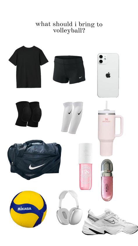 what should i bring to volleyball? Cute Volleyball Practice Outfits, What To Wear To Volleyball Tryouts, Volly Bal, Volleyball Needs, Volleyball Girls Outfits, Sports Bag Essentials, Volleyball Practice Outfits, Volleyball Things, Volleyball Aesthetic