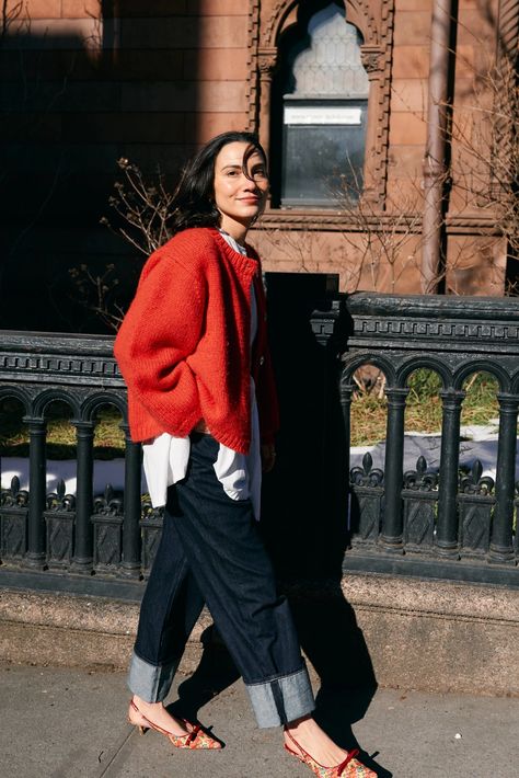 Week of Outfits: Mya Gelber | Cup of Jo Winter Outfit Guide, Week Of Outfits, Beauty Uniforms, Cup Of Jo, Of Outfits, Stil Inspiration, Mode Ootd, Red Sweater, 가을 패션