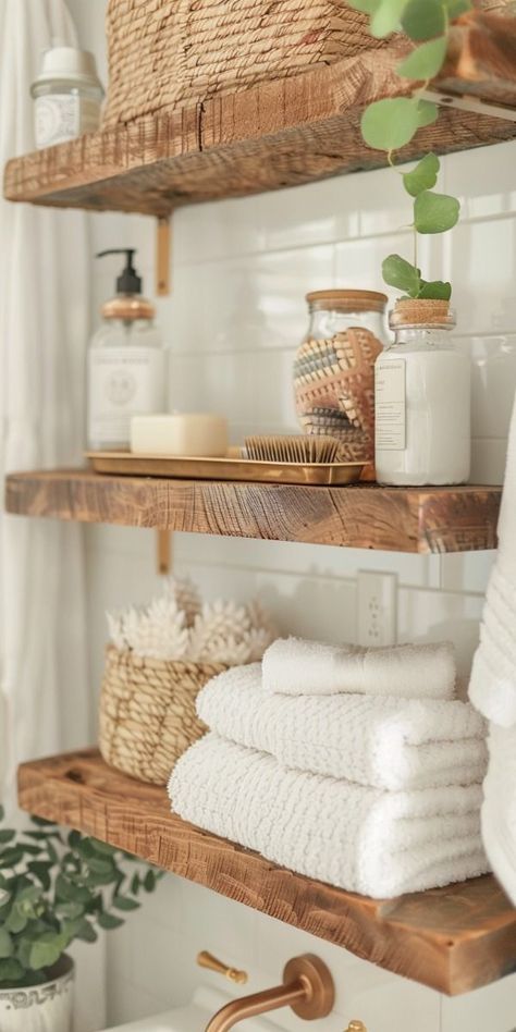 Simple Bathroom Shower Ideas, County Boho Decor, Branch Display Ideas, Bathroom Self Care Aesthetic, Spa Bathroom Bamboo, Diy Coastal Bathroom Decor, Bathroom Ideas With Wood Vanity, Home Decor Ideas Coastal Style, Beige Rustic Bathroom