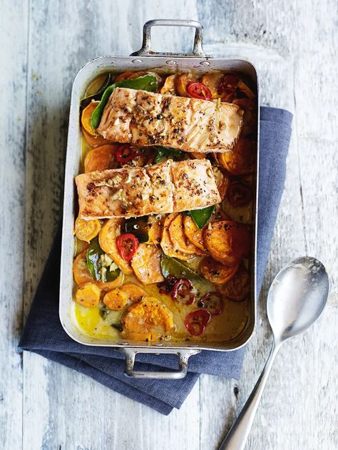 Sweet potato & salmon tray bake | Jamie Oliver recipes Sweet Potato Salmon, Salmon Tray Bake, Potato Salmon, Pollock Fish Recipes, Mediterranean Fish Recipe, Asian Fish Recipes, Tilapia Fish Recipes, Paleo Fish Recipes, Whole30 Fish Recipes