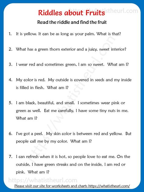 We are releasing riddles in this post.  They are about fruits.  14 different riddles with solutions have been created by us.Please download the PDF 14 Fruit RiddlesWe are also posting here the riddles with questions and then with solutions.Answers : Riddles, Skin Color, Red Color, Created By, Fruit, Reading