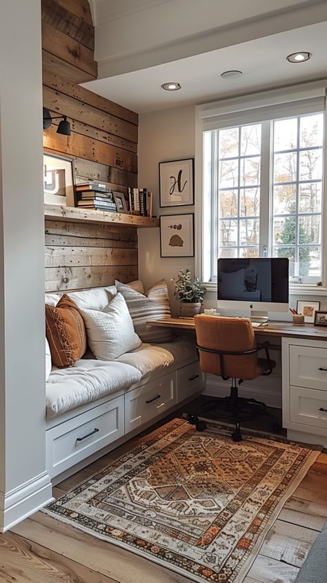 Home Office Library Ideas Cozy, Small Office Set Up, Small Study Room Ideas, Office Area In Living Room, Home Office Minimalista, Small Library Room Ideas, Farmhouse Study, Office In A Small Space, Kitchen Office Nook