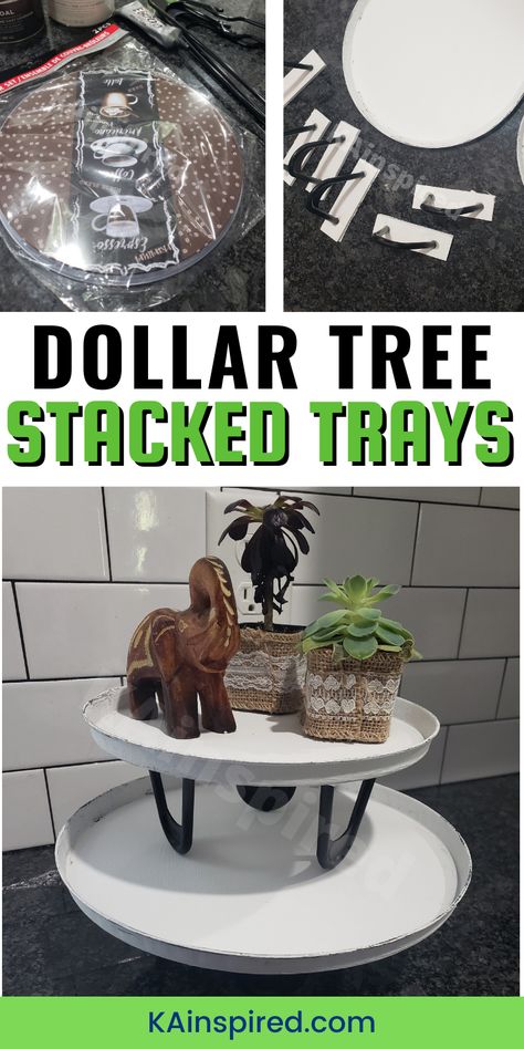 DOLLAR TREE STACKED TRAYS - KAinspired Dollar Tree Stand Diy, Diy Dollar Tree Tiered Tray, Dollar Store Trays Diy Projects, Dollar Tree Diy Crafts Decorative Trays, Dollar Tree Tiered Tray Diy, Dollar Tree Tiered Tray, Dollar Tree Decor Ideas, Market Crafts, Diy Farmhouse Ideas