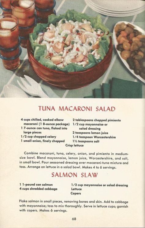 Vintage Recipes: 1950s Salads | Vintage Recipes 1950s, Tuna Macaroni Salad, 1950s Food, Homemade Cookbook, Macaroni Salad, Retro Recipes, Cooking Inspiration, Old Recipes, Vintage Recipes