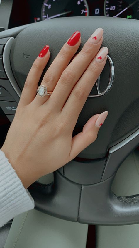 Short Oval Nails Acrylic Valentines, Simplistic Valentines Nails, Valentine’s Day Nails On Natural Nails, Red And Neutral Nails, San Valentine Nails, Nude Nails With Heart Design, Feb Nails 2024, Valentines Day Nails Oval, Heart Nail Ideas