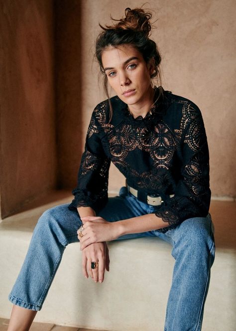 Bacall Blouse - Ecru - Polyamide - Sézane Petite Blouses, Black Lace Blouse, 2021 Fashion, French Chic, Black Lace Tops, Fall Collection, Inspiration Mode, Pre Fall, Lace Blouse