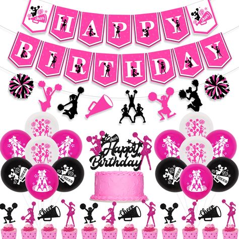 PRICES MAY VARY. You will get: 1* cheerleading themed Happy Birthday banner; 1* cheerleading themed garland; 1* cheerleading themed Happy Birthday cake topper; 12* cheerleading themed Happy Birthday cupcake toppers; 5*12inch rose red cheerleading themed latex balloons; 5*12inch white cheerleading themed latex balloons; 5*12inch black cheerleading themed latex balloons Cheerleading happy birthday banner: There is an adorable cheerleading happy birthday banner in the set. We’ve adopted rose red, b Cheerleading Party Decorations, Gymnastic Birthday Party, Cheerleader Birthday Party, Cheerleading Birthday, Gymnastic Birthday, Cheerleader Birthday, Happy Birthday Cheers, Cheerleading Party, Black Cheerleaders