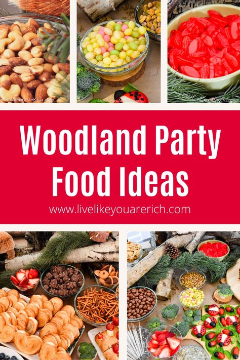 Take your woodland party to the next level with these adorable and delicious food ideas! From pretzel sticks for twigs, gummy worms, cinnamon bears, bird eggs, fruits, nuts, and mushrooms, your guests will love these nature-inspired treats. Check out more on the blog. Woodland Animals Food Ideas, Enchanted Forest Party Food Ideas, Woodland Forest Theme Party, Woodland Sandwiches, Forrest Theme Baby Shower Ideas, Nature Theme Food Ideas, Mushroom Themed Snacks, Woodland Birthday Food Ideas, Forest Theme Treats