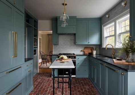 Pacific Northwest Tudor | Heidi Caillier Small Kitchen Island Ideas, Tudor Kitchen, Kitchen Cabinet Color Ideas, Oval Room Blue, Interior Dapur, Small Kitchen Island, Kabinet Dapur, Blue Kitchen Cabinets, Victorian Kitchen