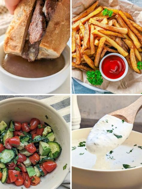 A cover image of sides to serve with french dip sandwiches. French Dip Sandwich Sides, Fresh Side Dishes, Fresh Sides, Frozen Sweet Potato Fries, French Dip Sandwiches, Potato Salad Healthy, Dip Sandwiches, Honey Mustard Dipping Sauce, Sandwich Sides