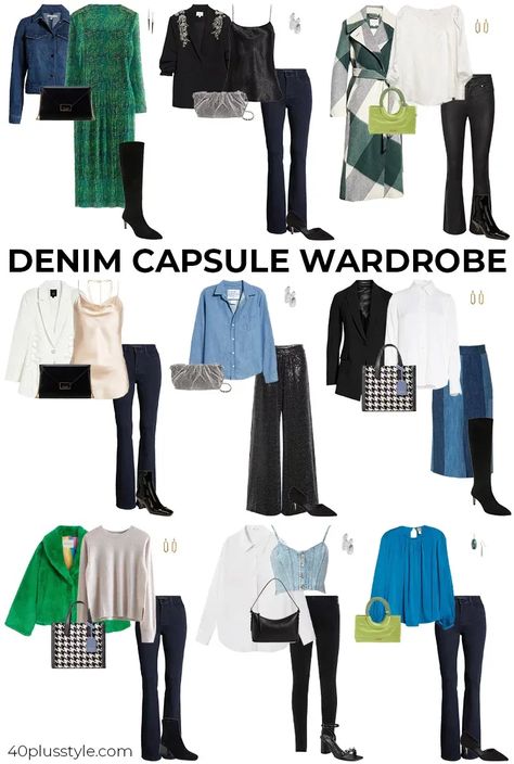 Denim capsule wardrobe | 40plusstyle.com Maximalist Capsule Wardrobe, Denim Capsule Wardrobe, Dressy Jeans Outfit, Preppy Wardrobe, Dressy Jeans, Dress Up Jeans, Evening Blouses, Tailored Clothes, True Winter